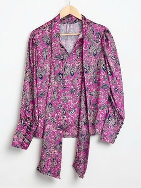 Maria de la Orden Ballu Pink Satin Paisley Satin Blouse Top Tie Front Sz 6 EU 38